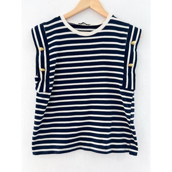 ZARA Navy Striped Knit Cap Sleeve Top Medium Nautical Sailor Sleeveless Blouse - Picture 1 of 5